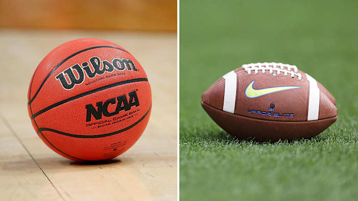 NCAA basketball and football sit on ground